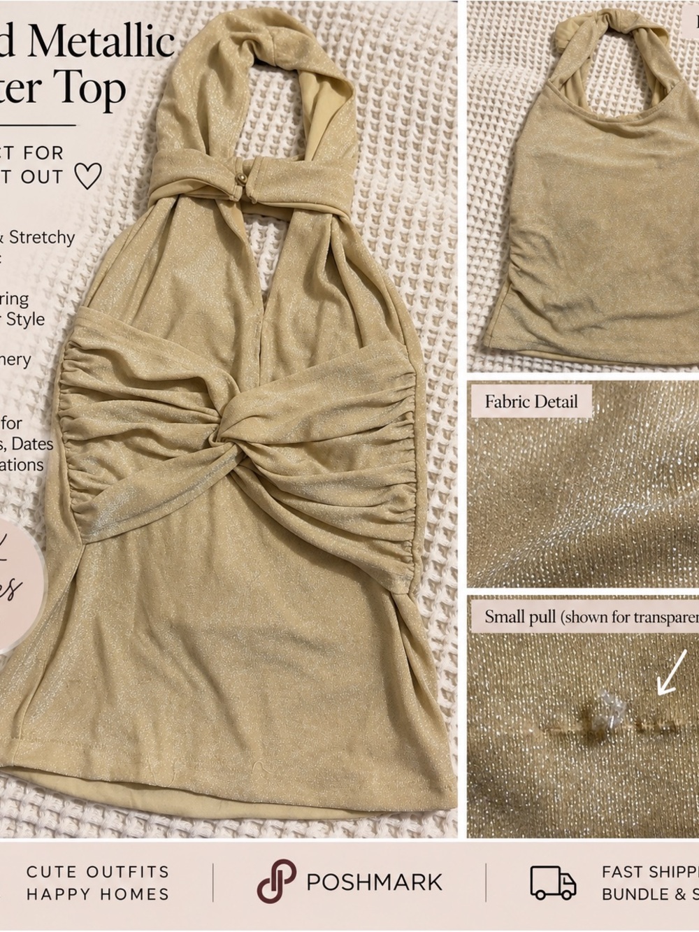 Source Unknown Gold Metallic Halter Twist Front Camisole
